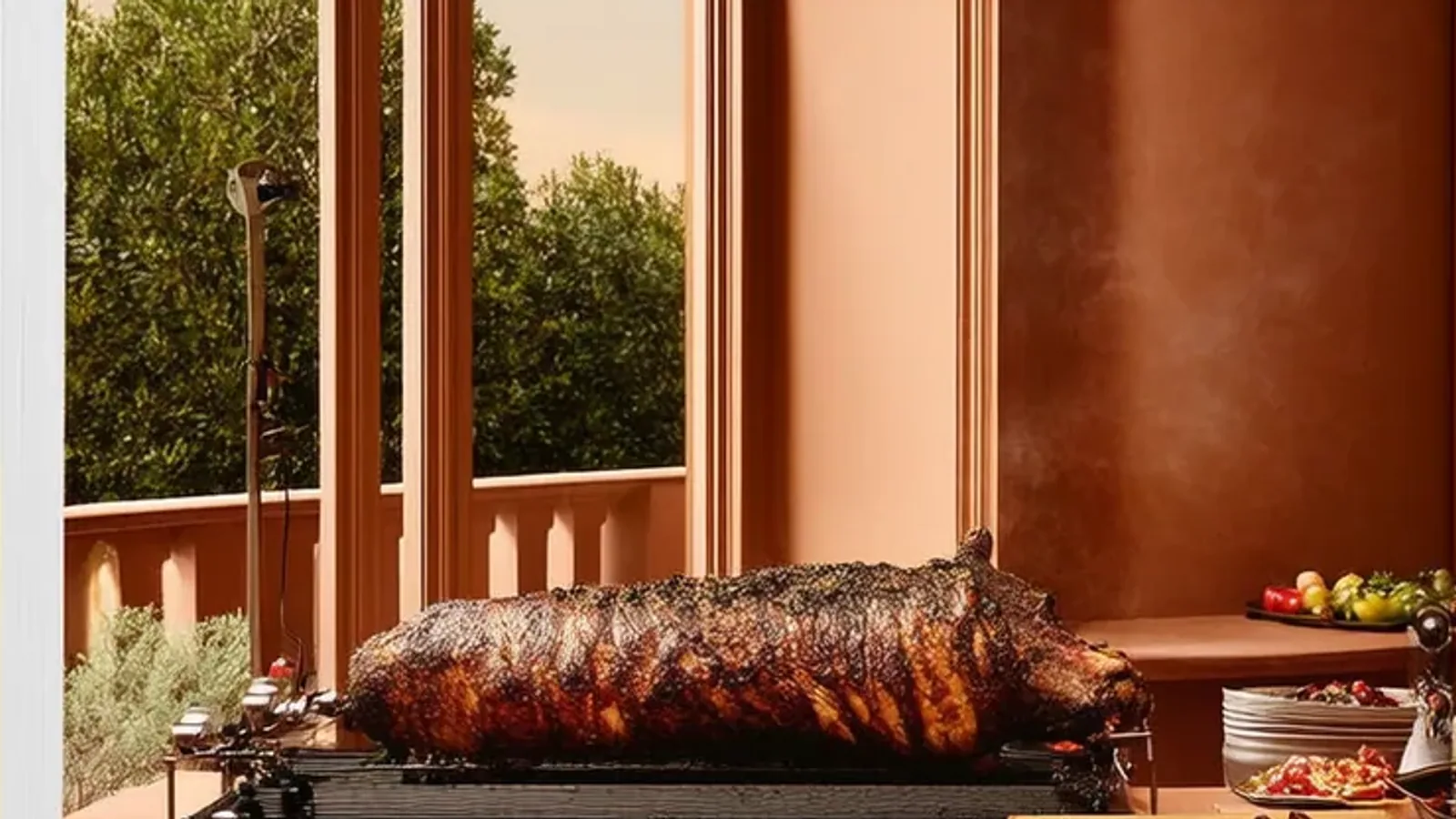 Grillstation im Freien mit Glut, Thermometern und mehreren Fleischstücken
