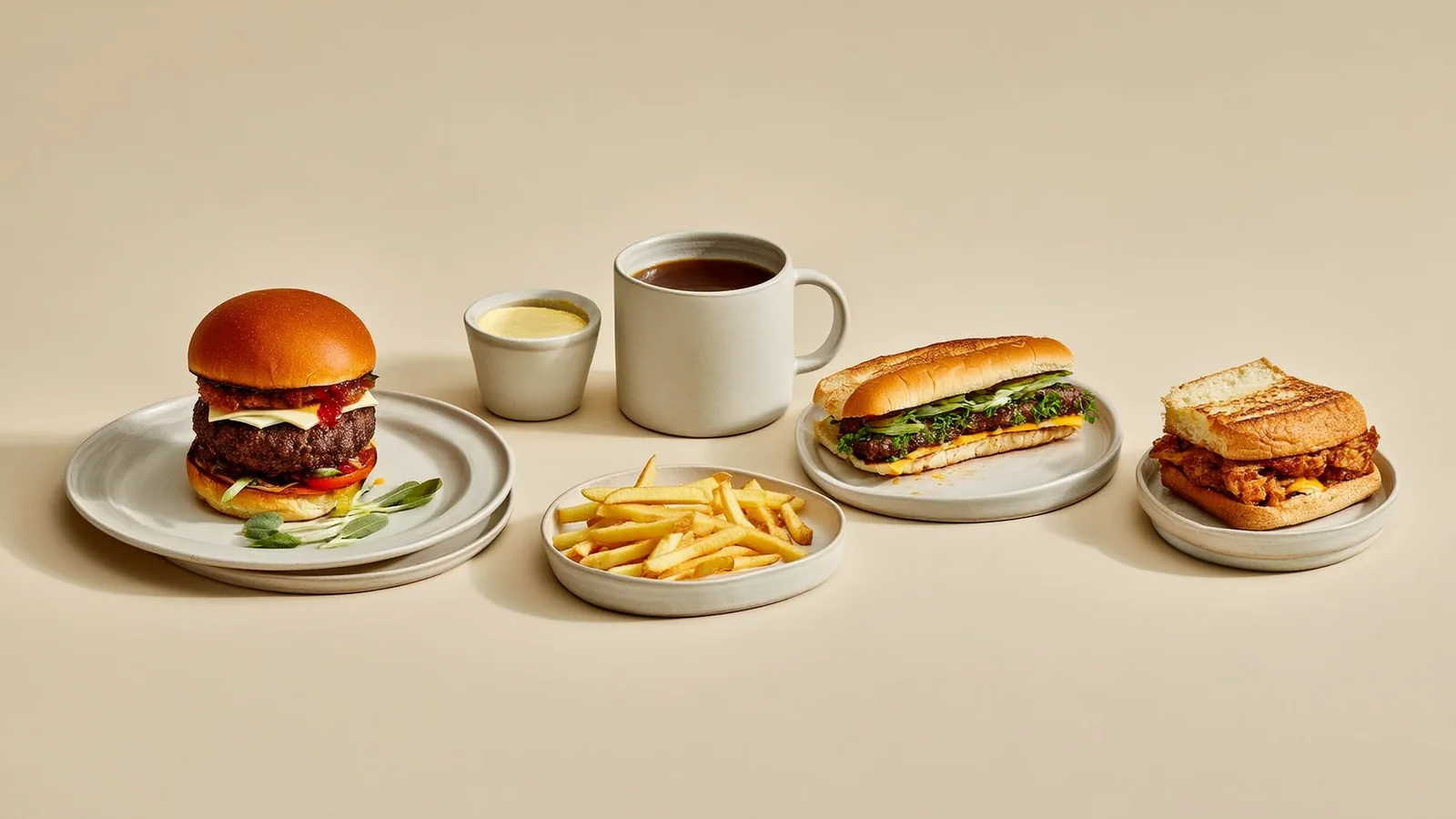 Kleiner Burger, Pommes und Frühstücksweckerl auf einer neutralen Ablage