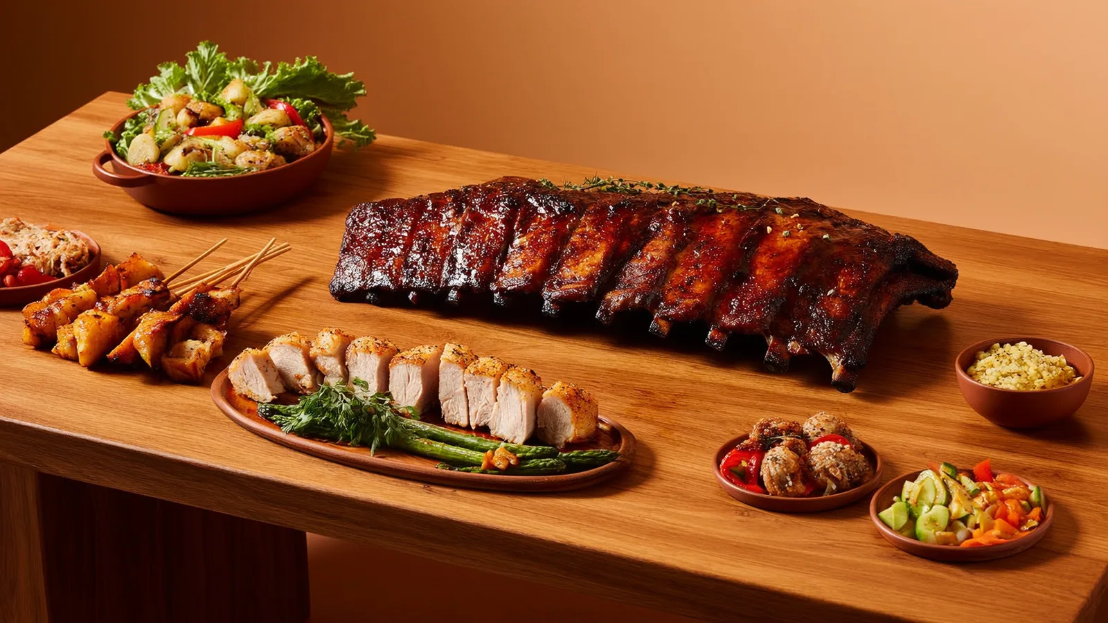 Grillplatte mit Ripperln, peruanischem Huhn und geräuchertem Gemüse