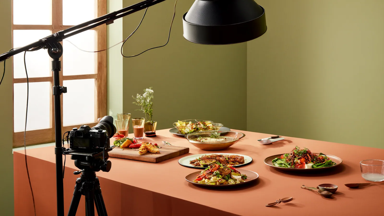Kochstudio mit Kamera, Schneidbrett und mehreren vorbereiteten Gerichten