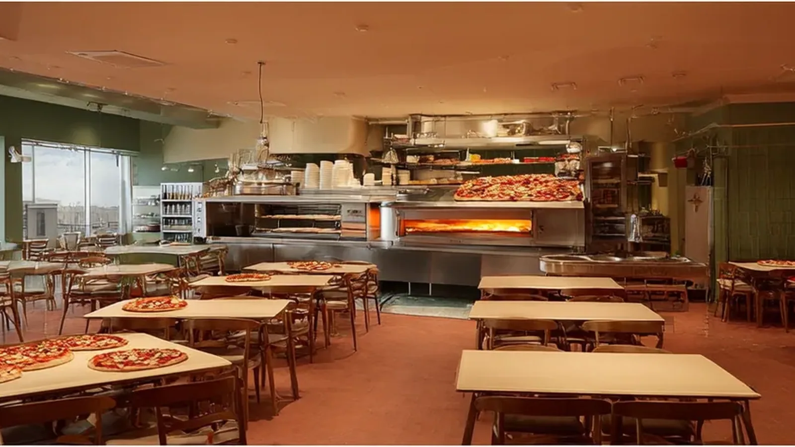 Pizzaofen und Restauranttische in einem neutralen internationalen Kettenlokal