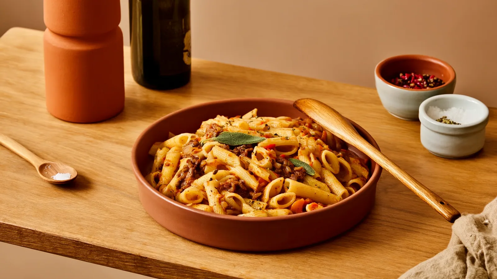 Günstige Pasta mit Gemüse neben Einkaufsliste und Kochutensilien