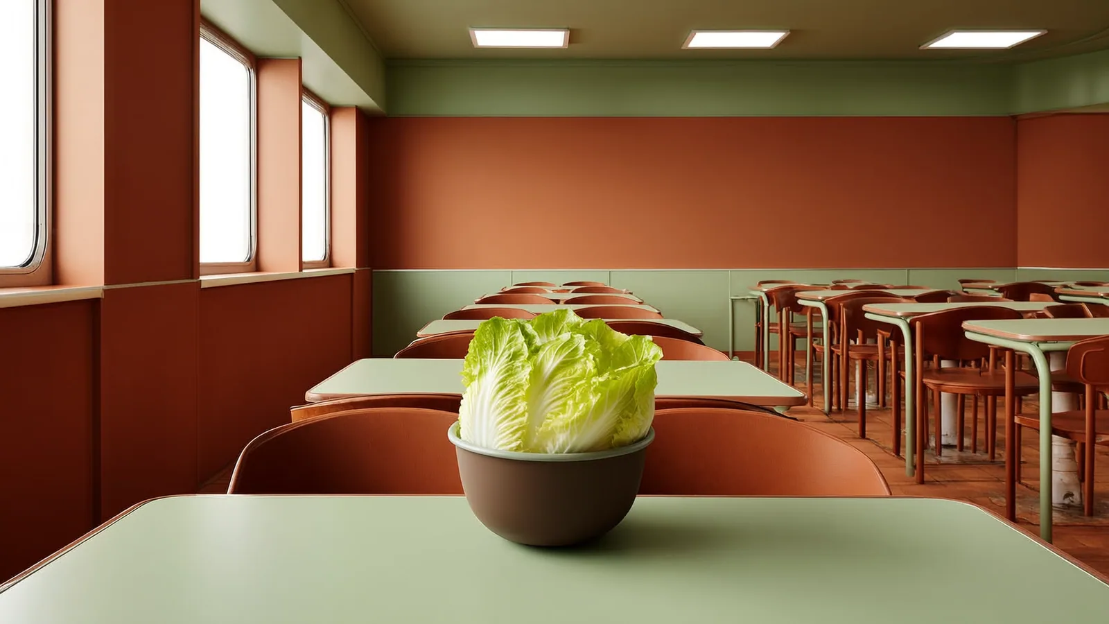 Leere Restauranttische und eine Schale Eisbergsalat in sachlicher Darstellung