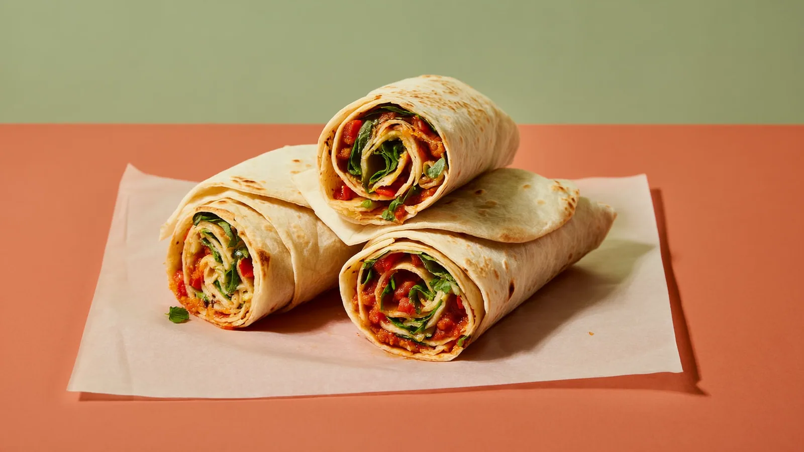 Gefaltete Tortilla und gerollte Quesadilla mit würziger Hühnerfüllung