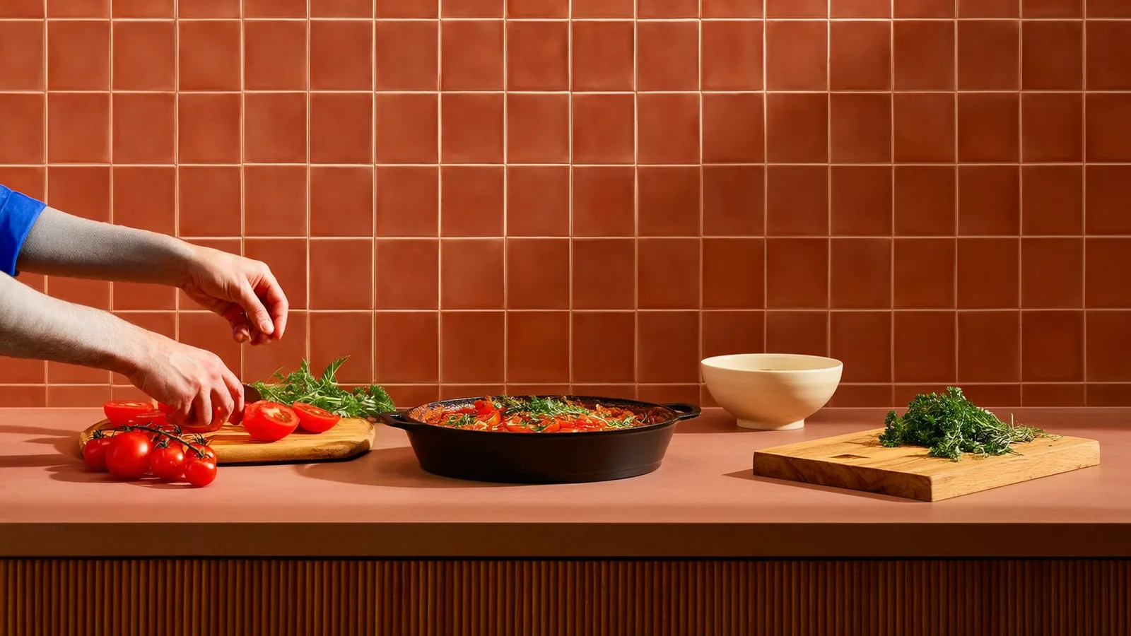 Kochstudio mit Tomaten, zwei Arbeitsplätzen und einer Livekamera