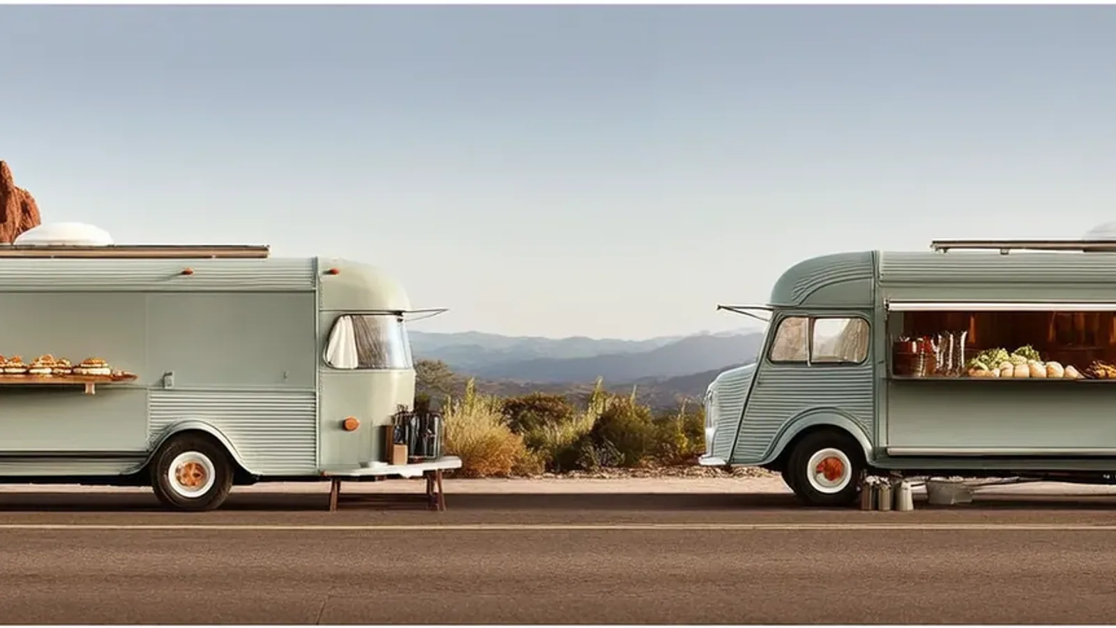 Zwei Foodtrucks mit süßen und herzhaften Speisen vor einer Berglandschaft