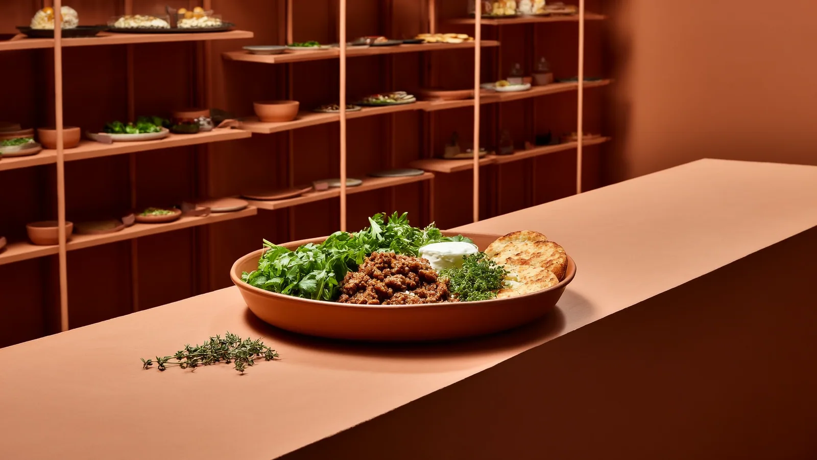 Küchenarbeitsfläche mit Faschiertem, Salat, Kräutern und Fladenbrot