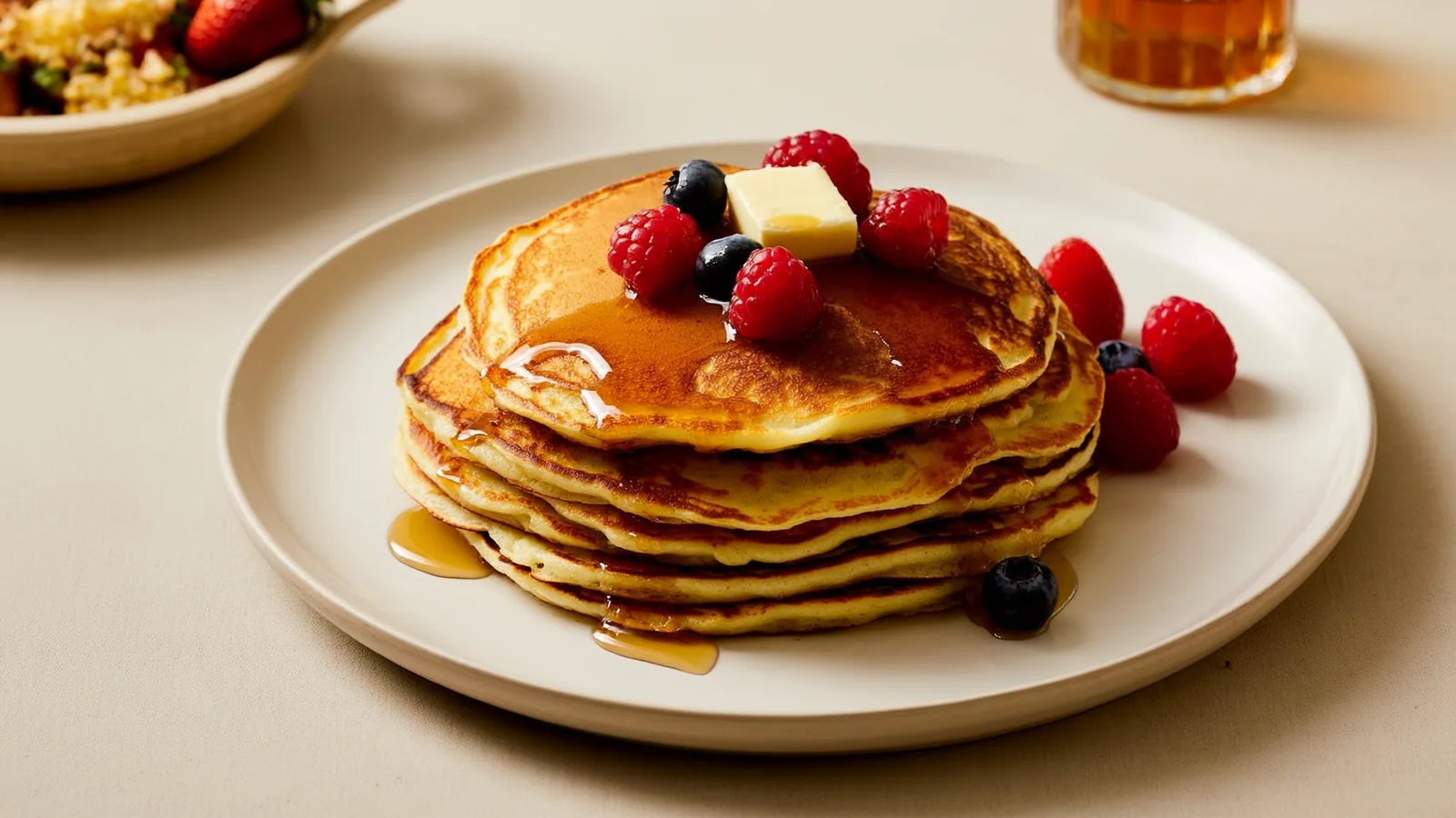 Hoher Stapel flaumiger Pancakes mit Ahornsirup und Beeren