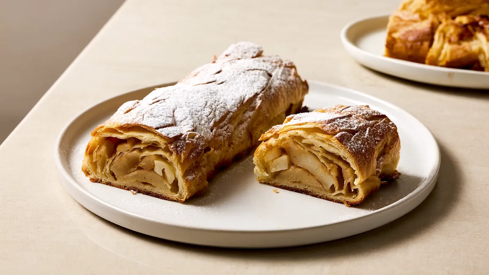 Knuspriger Apfelstrudel mit sichtbarer Apfelfülle und Staubzucker