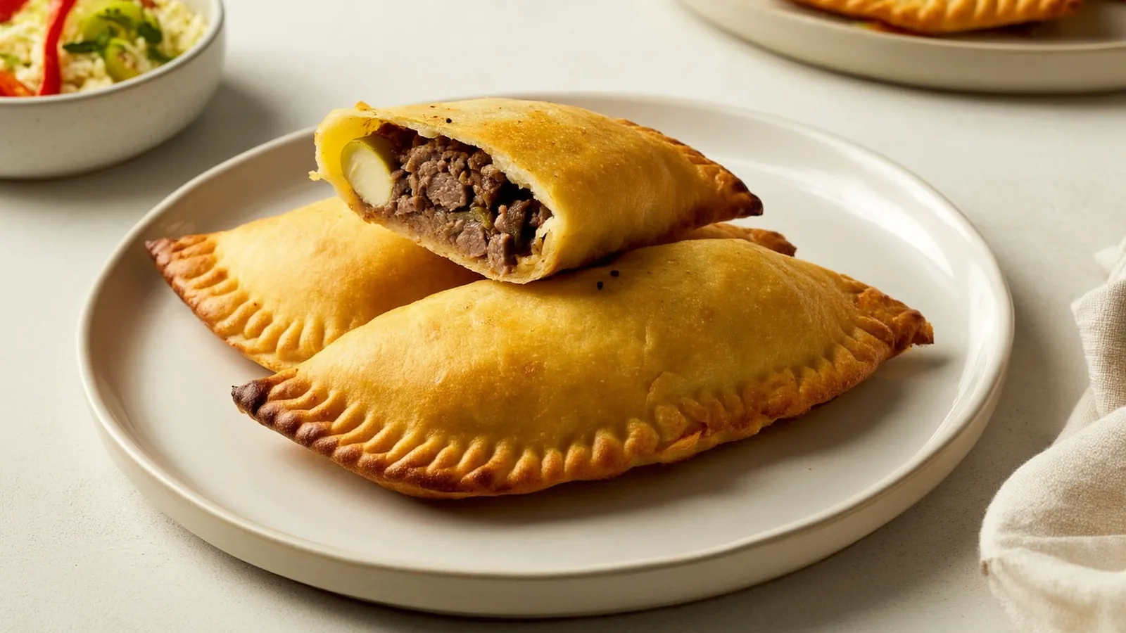 Goldene argentinische Empanadas mit sichtbarer Rindfleischfülle