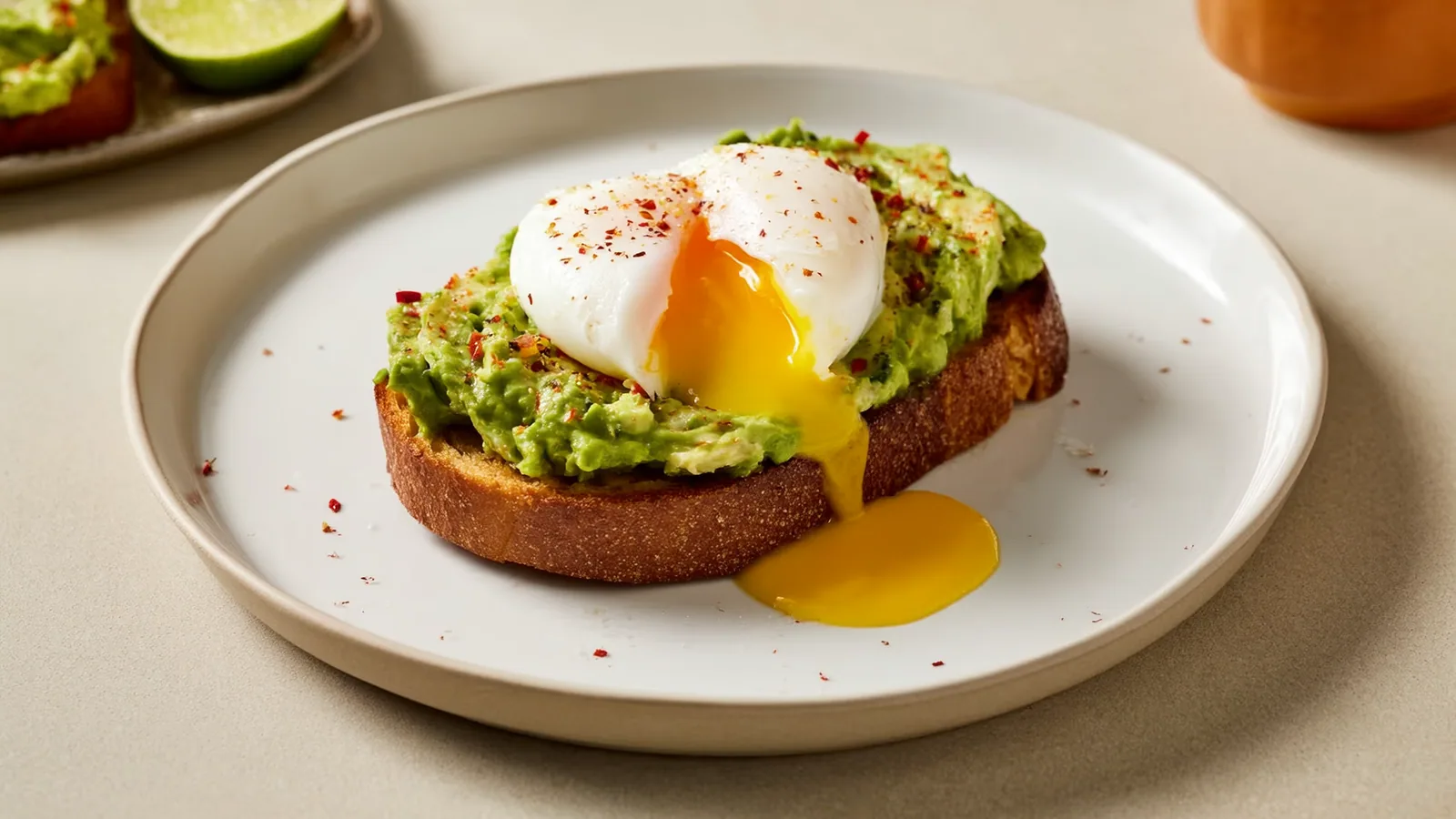 Avocadobrot mit pochiertem Ei, Chiliflocken und Limette