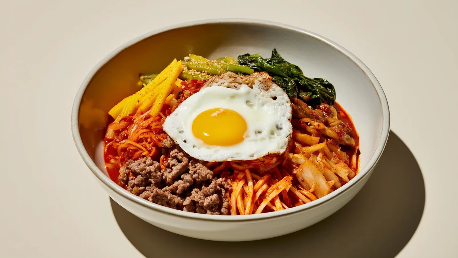 Farbenfrohes Bibimbap mit Reis, Gemüse, Rindfleisch, Spiegelei und Gochujang