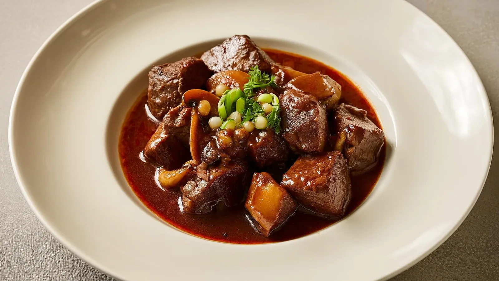 Boeuf Bourguignon mit zartem Rindfleisch, Pilzen und Perlzwiebeln