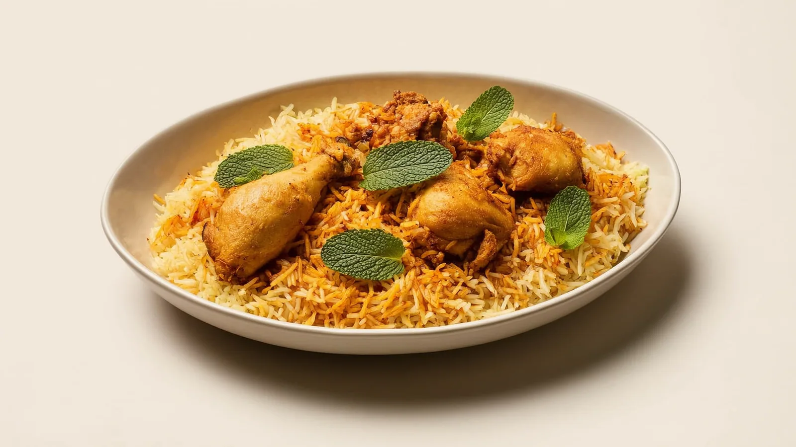 Chicken Biryani mit Safranreis, Huhn, Röstzwiebeln und Kräutern