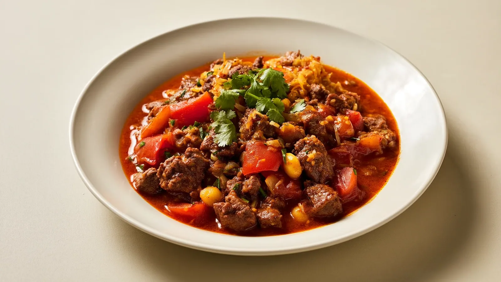 Dunkles Chili con Carne mit Rindfleisch, roten Bohnen und Kräutern
