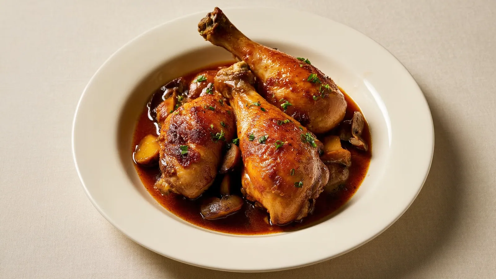 Coq au Vin mit Hühnerkeulen, Pilzen, Speck und Perlzwiebeln