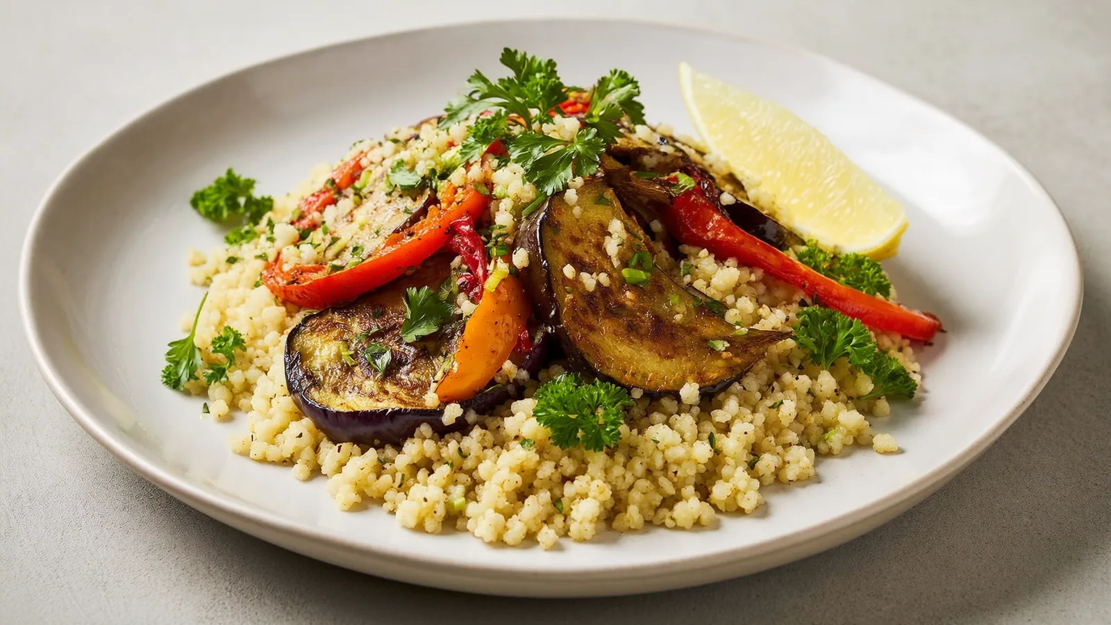 Couscous-Salat mit gerösteter Melanzani, Zucchini, Paprika und Petersilie