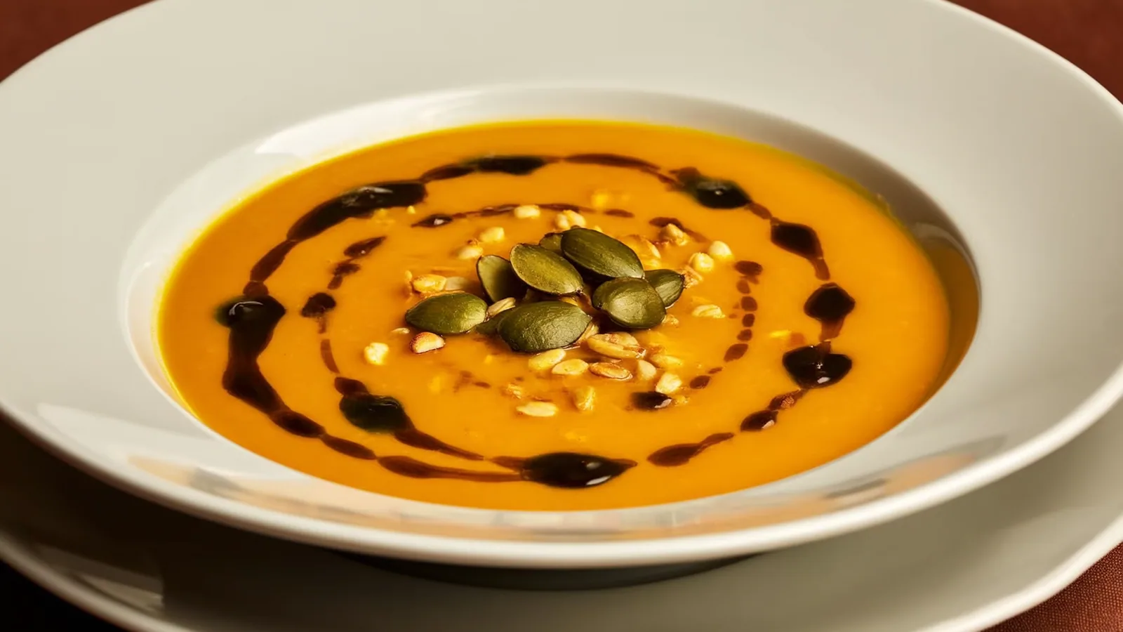 Cremige Kürbissuppe mit Kürbiskernöl und gerösteten Kernen