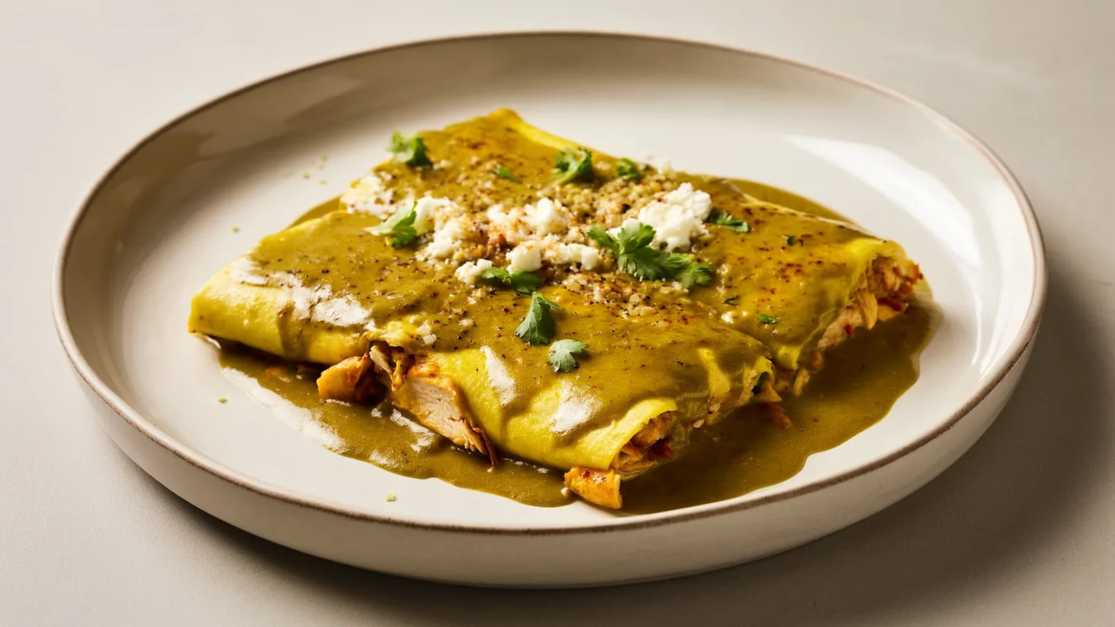 Grüne Enchiladas mit Hühnerfülle, Tomatillosauce, Käse und Sauerrahm