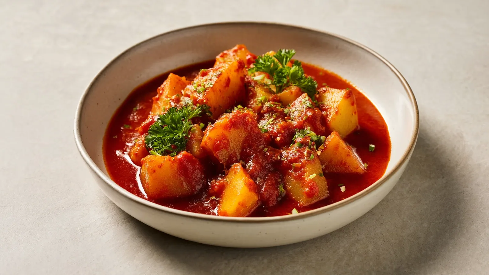 Sämiges Erdäpfelgulasch mit Paprika und Petersilie in einer rustikalen Schüssel