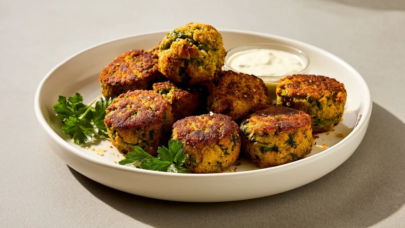 Knusprige Falafel mit grüner Kräuterfüllung und Tahinisauce