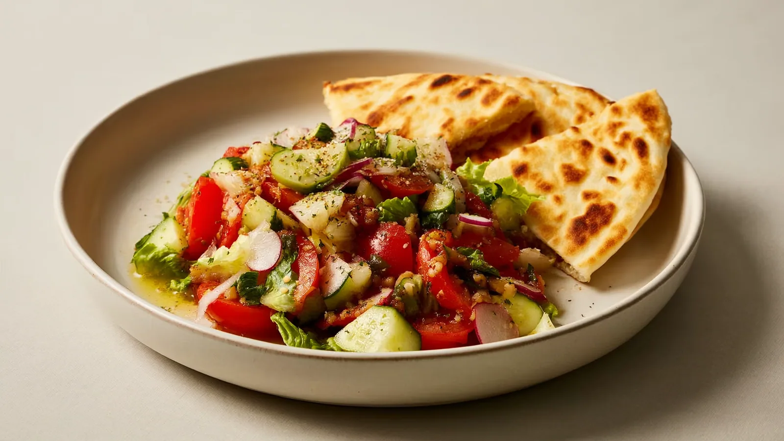 Bunter Fattoush mit knackigem Gemüse, Sumach und geröstetem Fladenbrot
