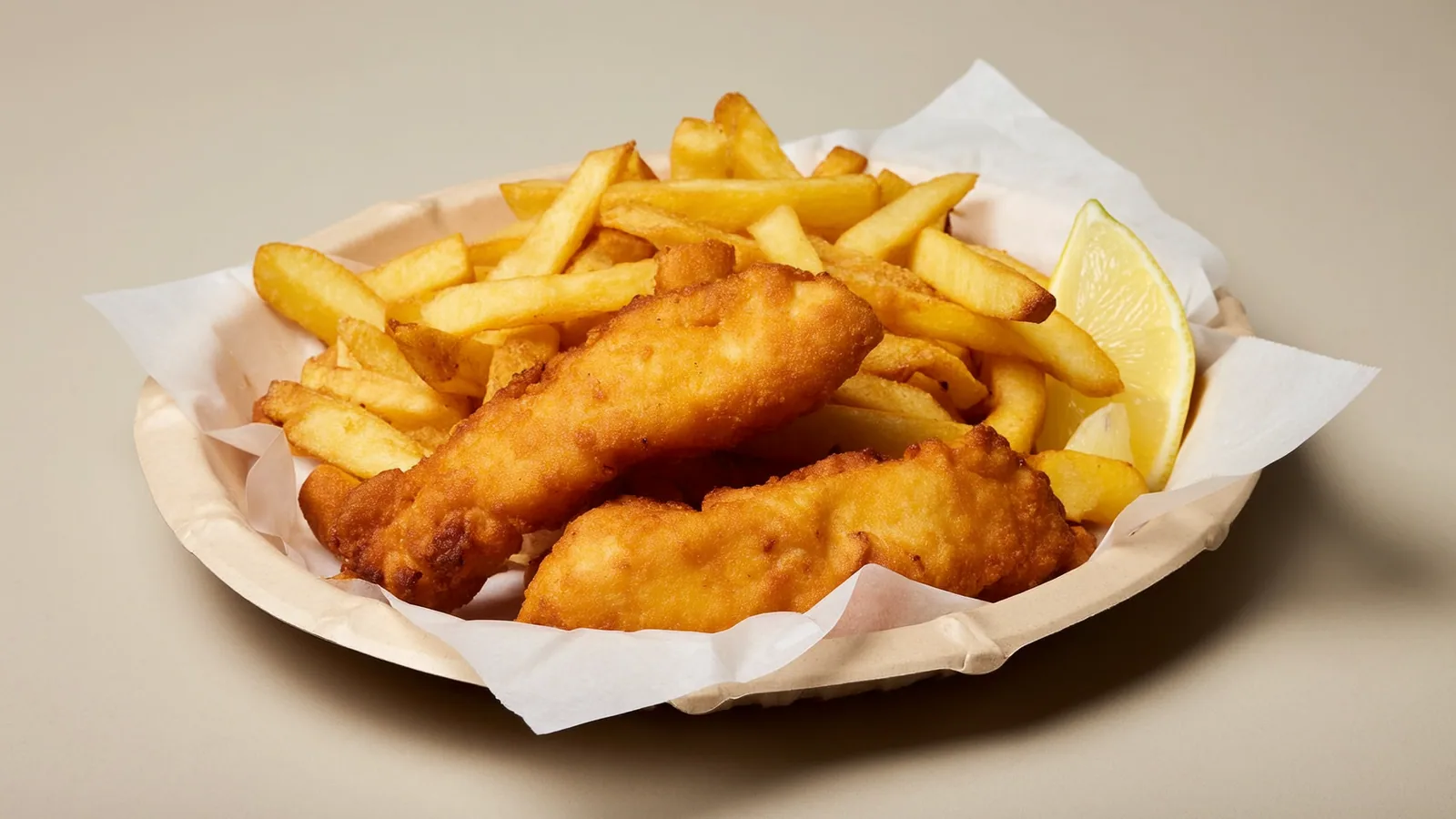 Knuspriger Fish and Chips mit dicken Erdäpfelstäbchen und Zitrone