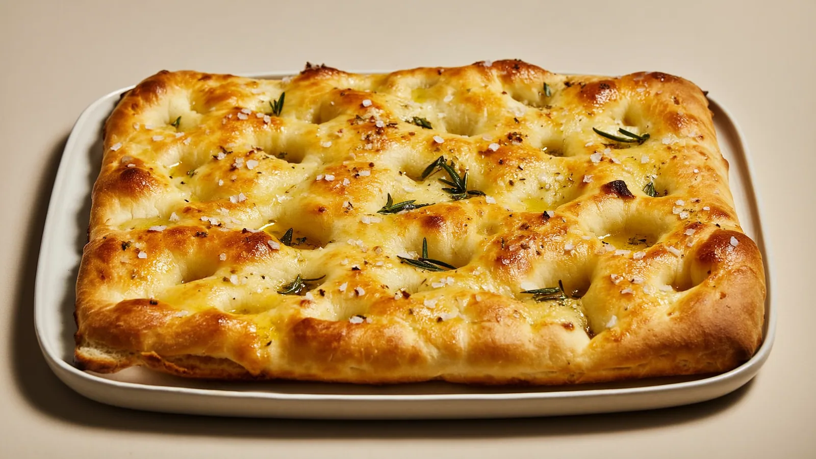 Luftige Focaccia mit Olivenöl, Rosmarin und grobem Salz