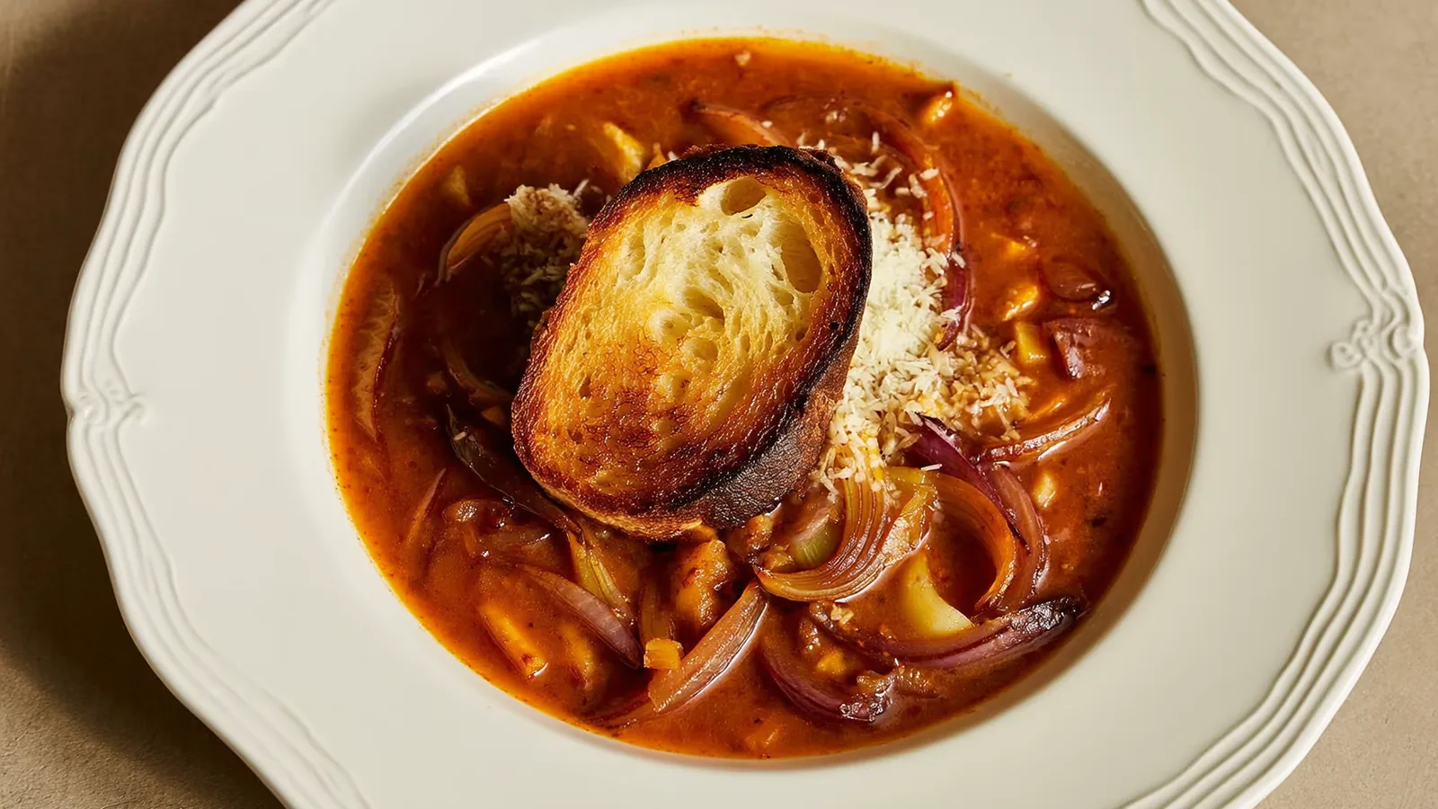 Französische Zwiebelsuppe mit goldbraun überbackenem Gruyèrebrot