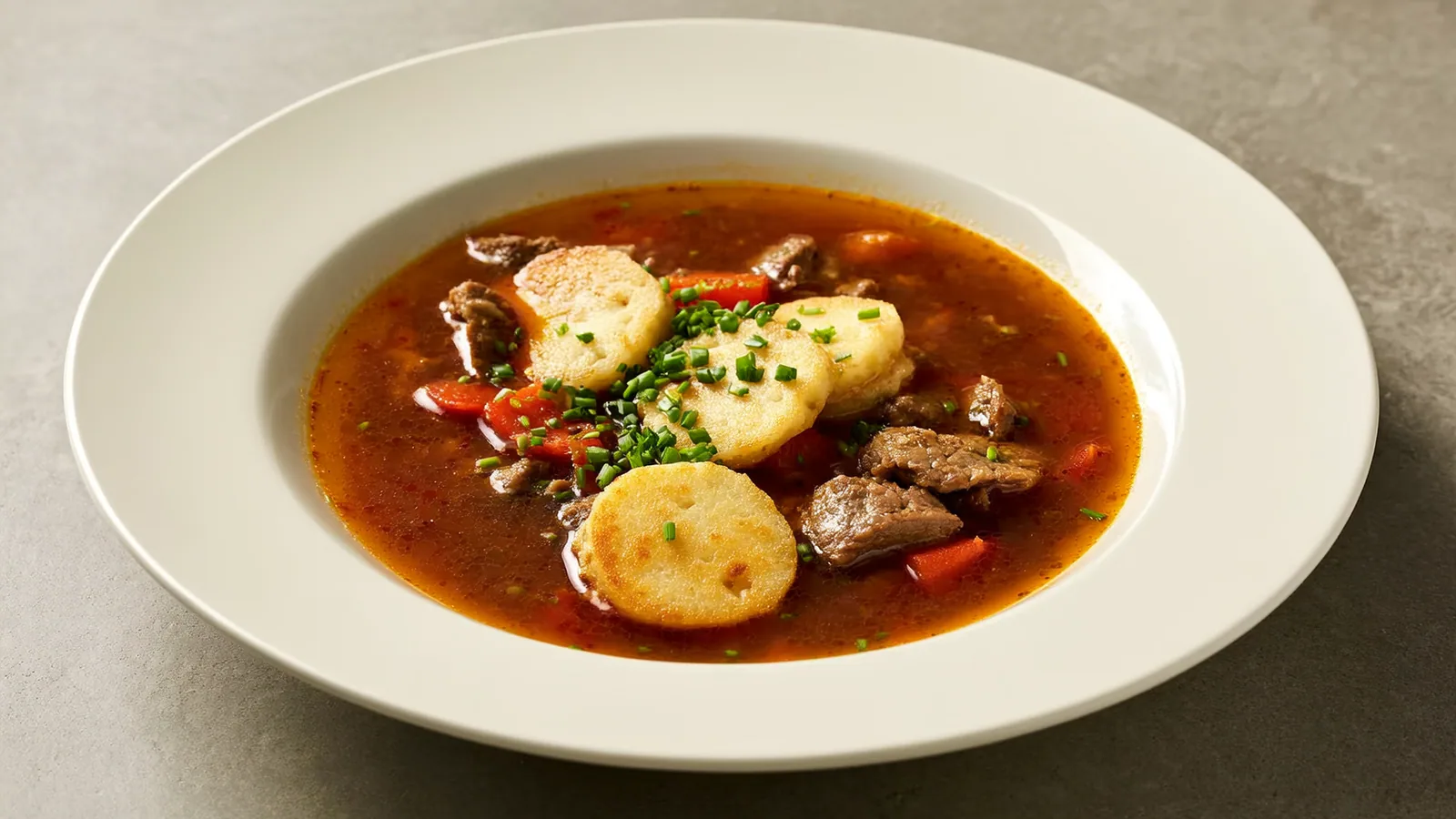 Klare Frittatensuppe mit feinen Palatschinkenstreifen und Schnittlauch