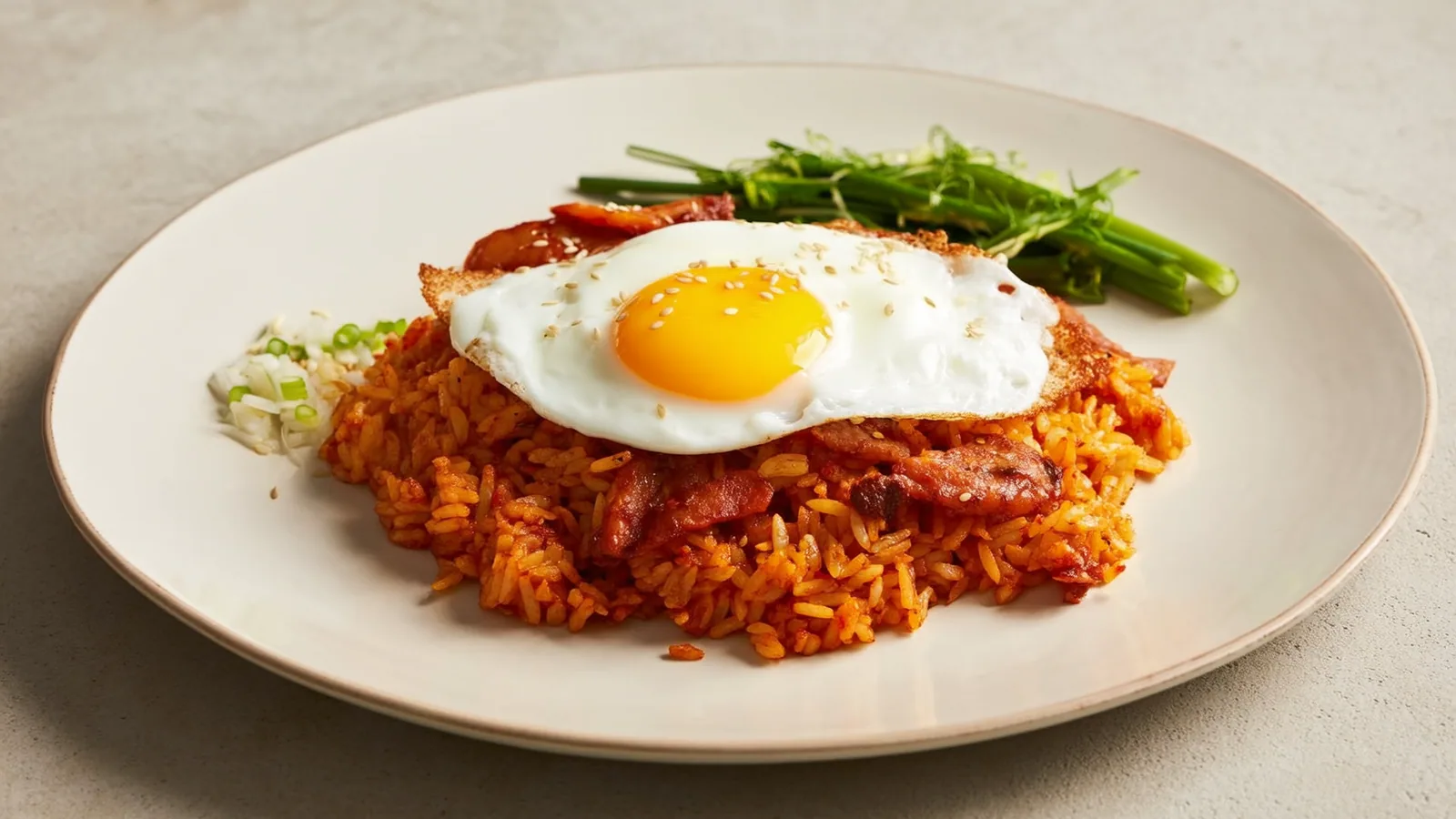 Gebratener Kimchi-Reis mit Spiegelei, Frühlingszwiebeln und Sesam