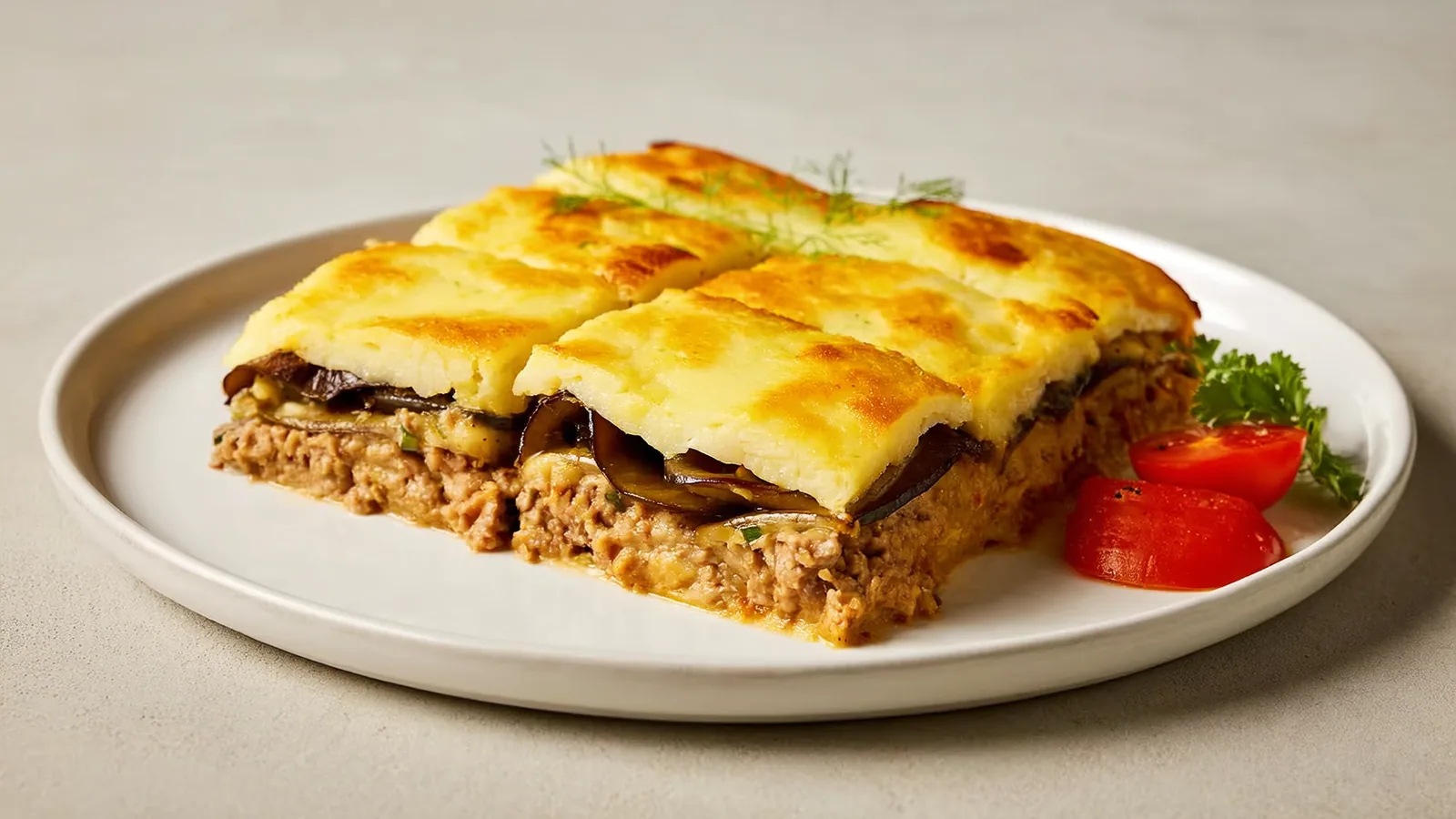 Griechische Moussaka mit Melanzani, Fleischragout und goldener Béchamel