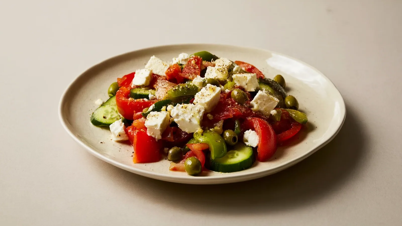 Griechischer Bauernsalat mit Feta, Oliven, Paradeisern und Gurke