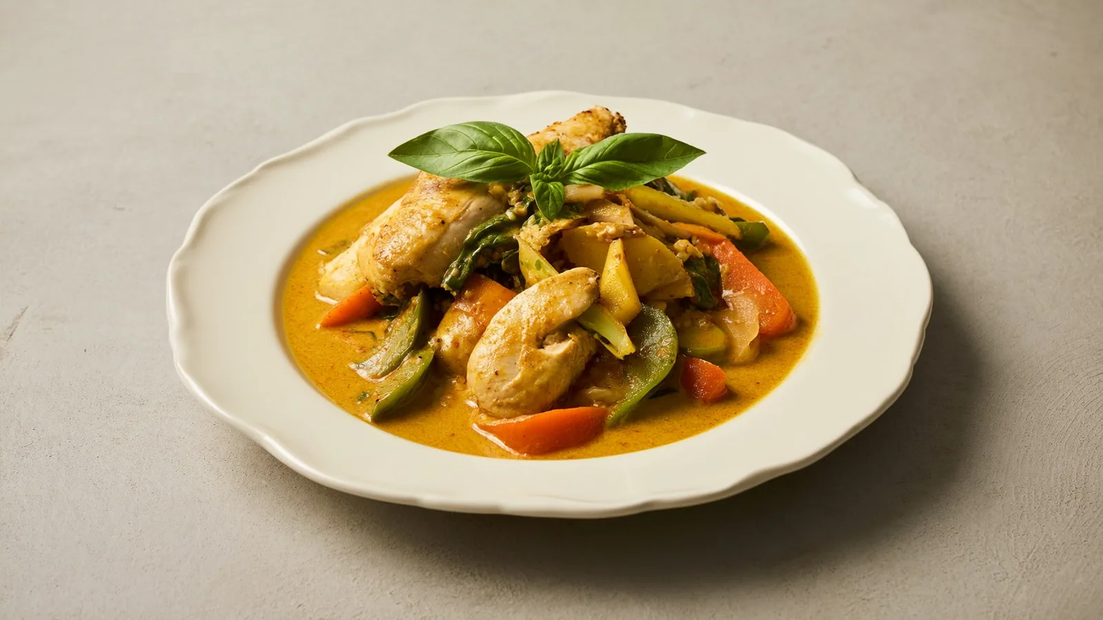 Grünes Thai-Curry mit Huhn, Gemüse, Kokosmilch und Thai-Basilikum