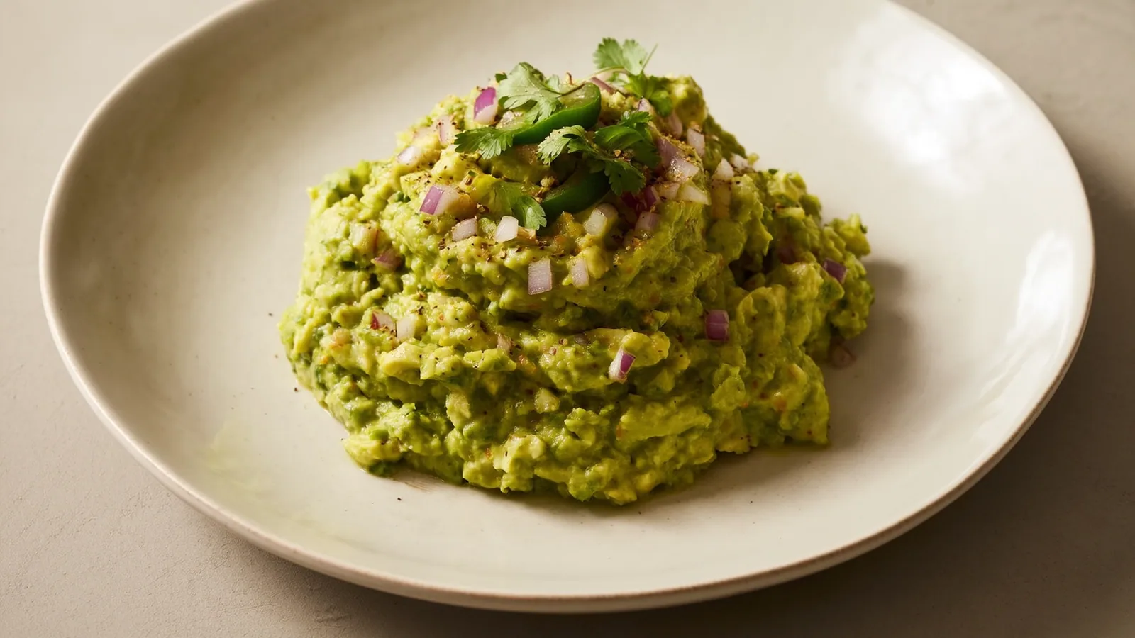Grobe Guacamole mit Avocado, Limette, Koriander, Zwiebel und Chili