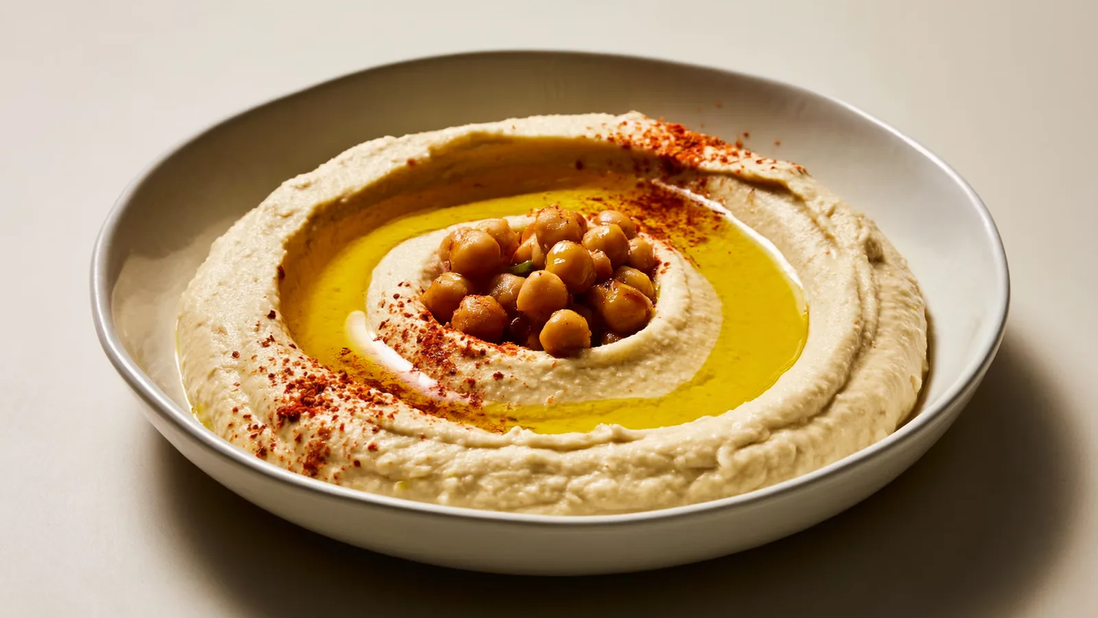 Cremiger Hummus mit Olivenöl und ganzen Kichererbsen