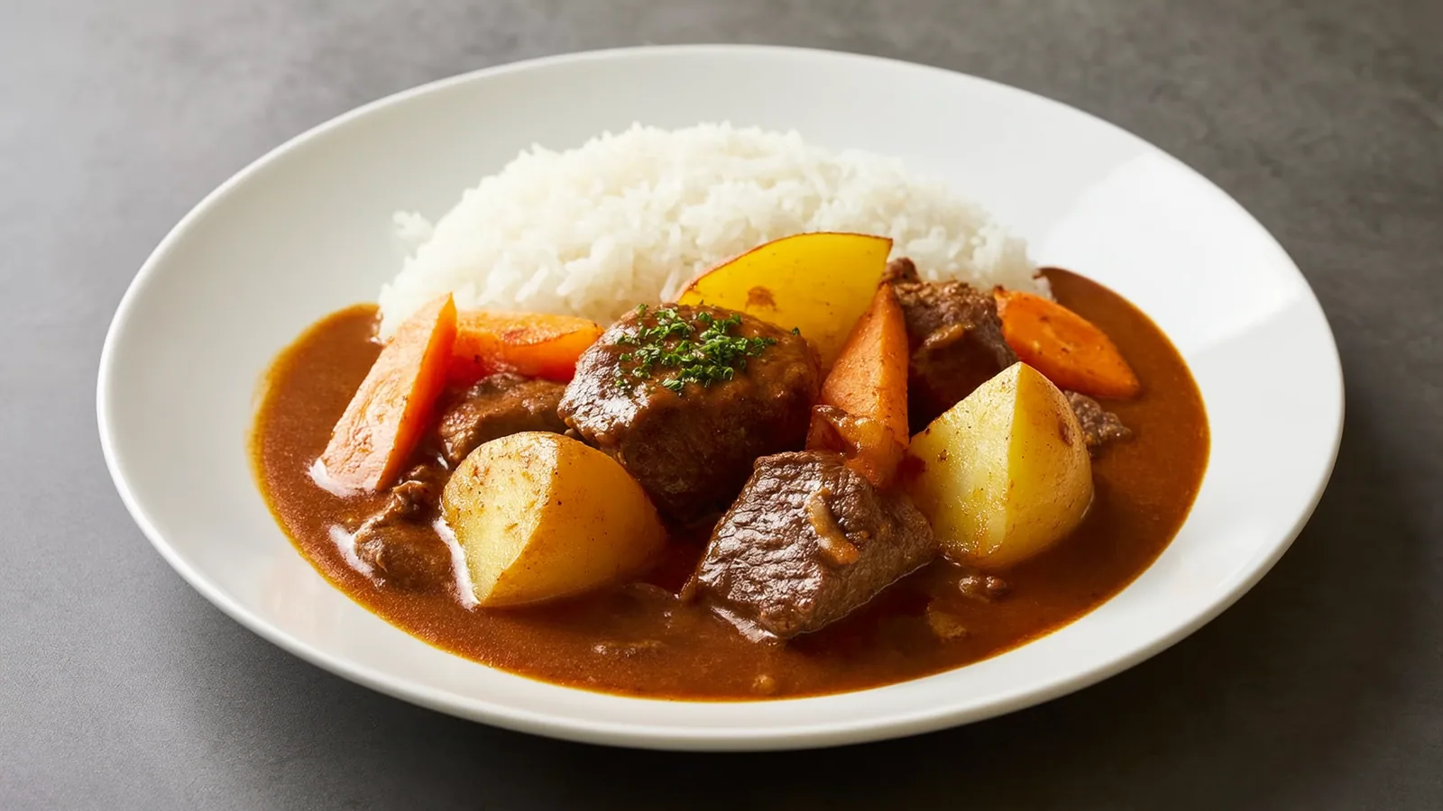 Japanisches Curry mit Rindfleisch, Erdäpfeln und Karotten neben weißem Reis