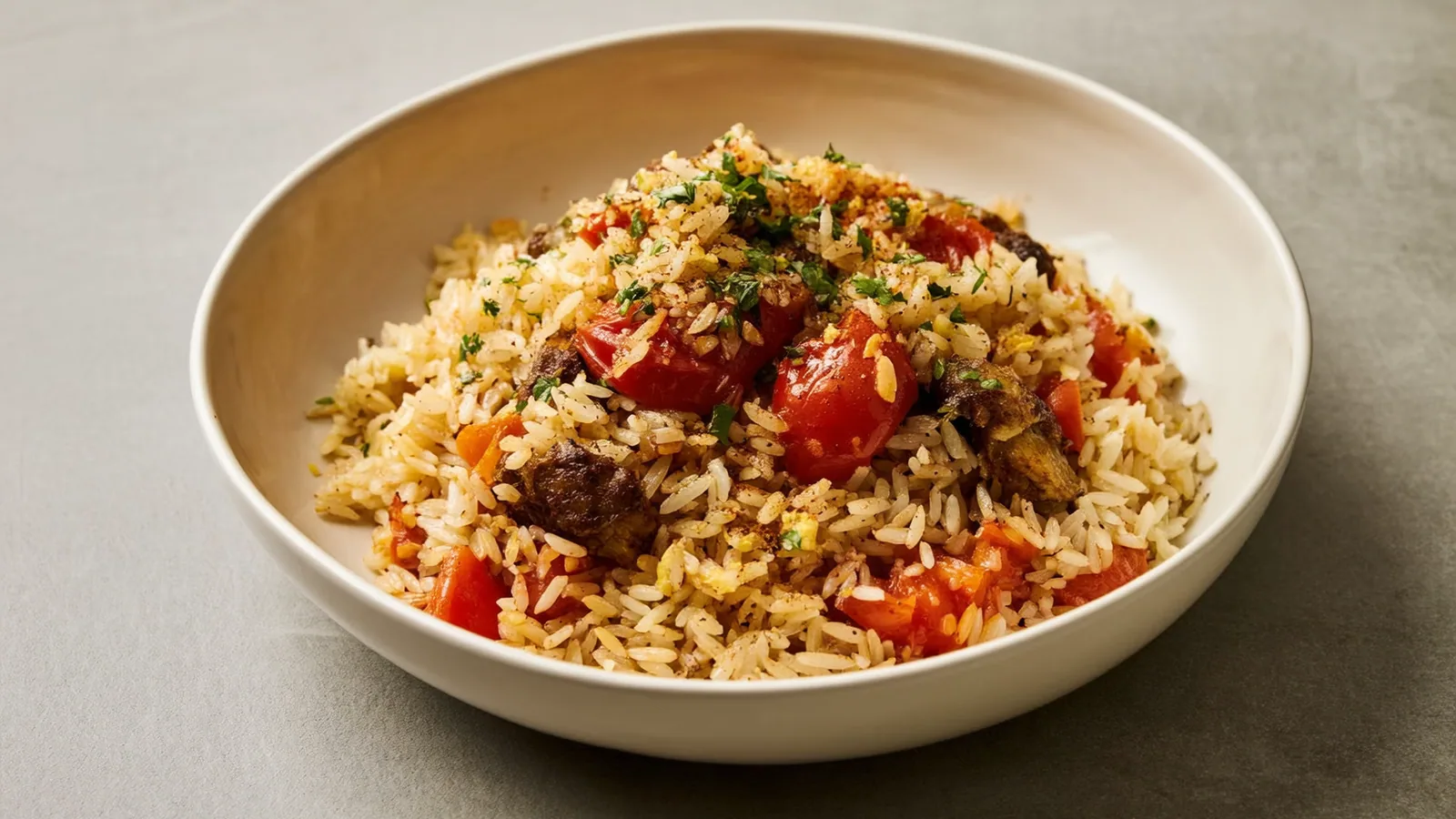 Leuchtend roter Jollof-Reis mit Paprika, Paradeisern und Kräutern
