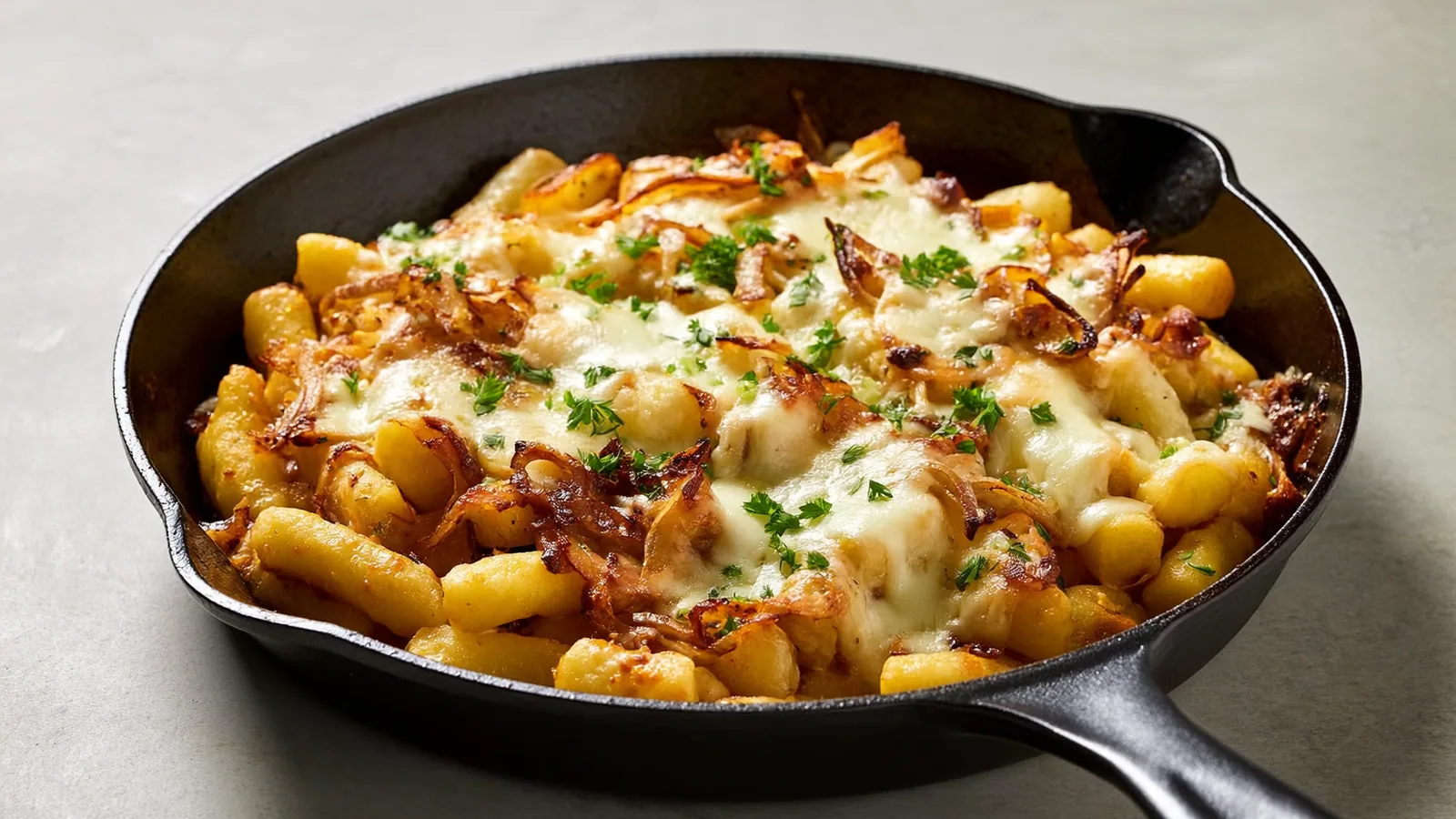 Cremige Käsespätzle mit goldbraunen Röstzwiebeln in einer dunklen Pfanne