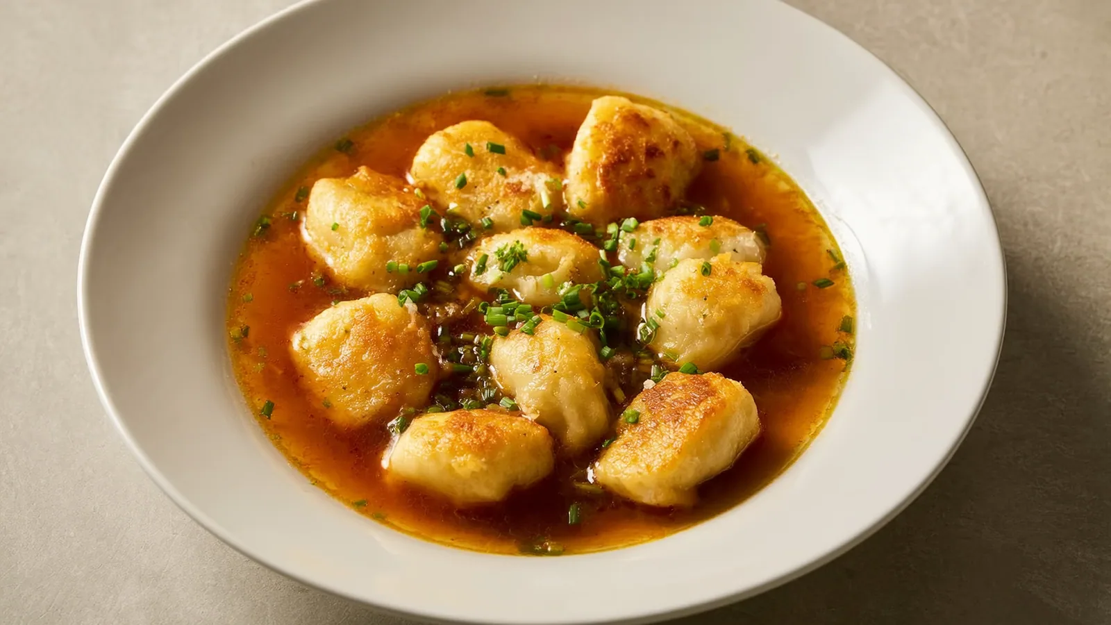 Kaspressknödel in klarer Suppe mit Schnittlauch