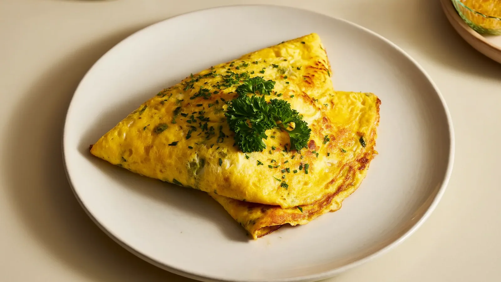 Goldenes Kräuteromelett mit weicher Mitte, Schnittlauch und Petersilie