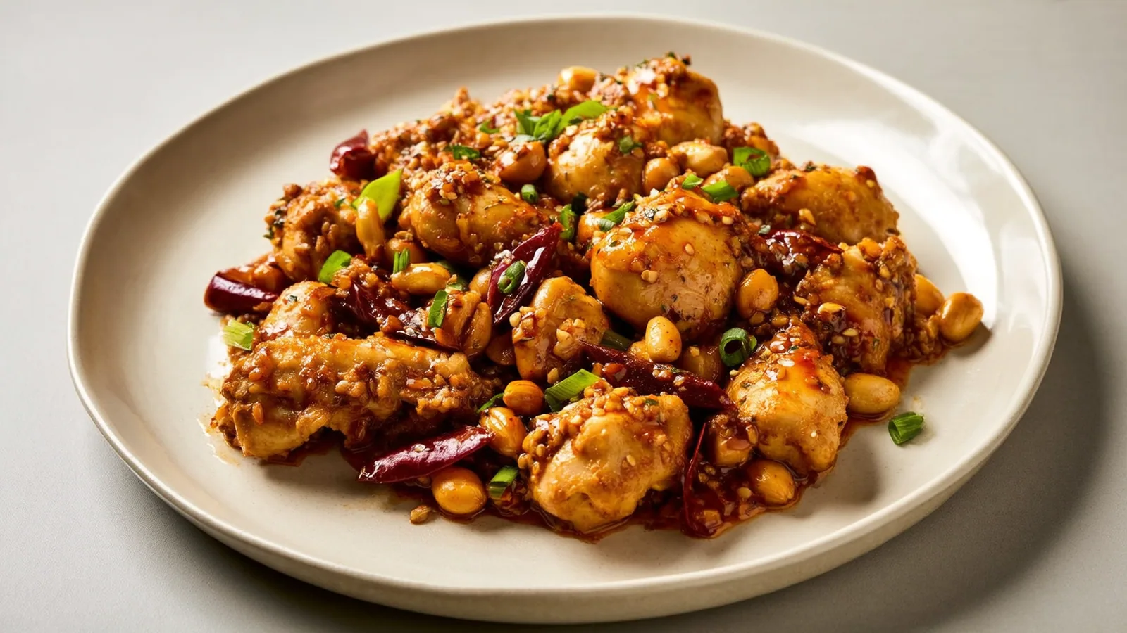 Kung-Pao-Huhn mit Erdnüssen, Frühlingszwiebeln und roten Chilis