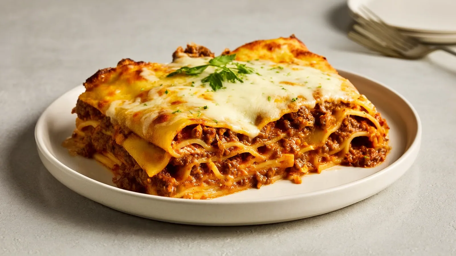 Saftige Lasagne al Forno mit gebräuntem Käse in einer hellen Auflaufform