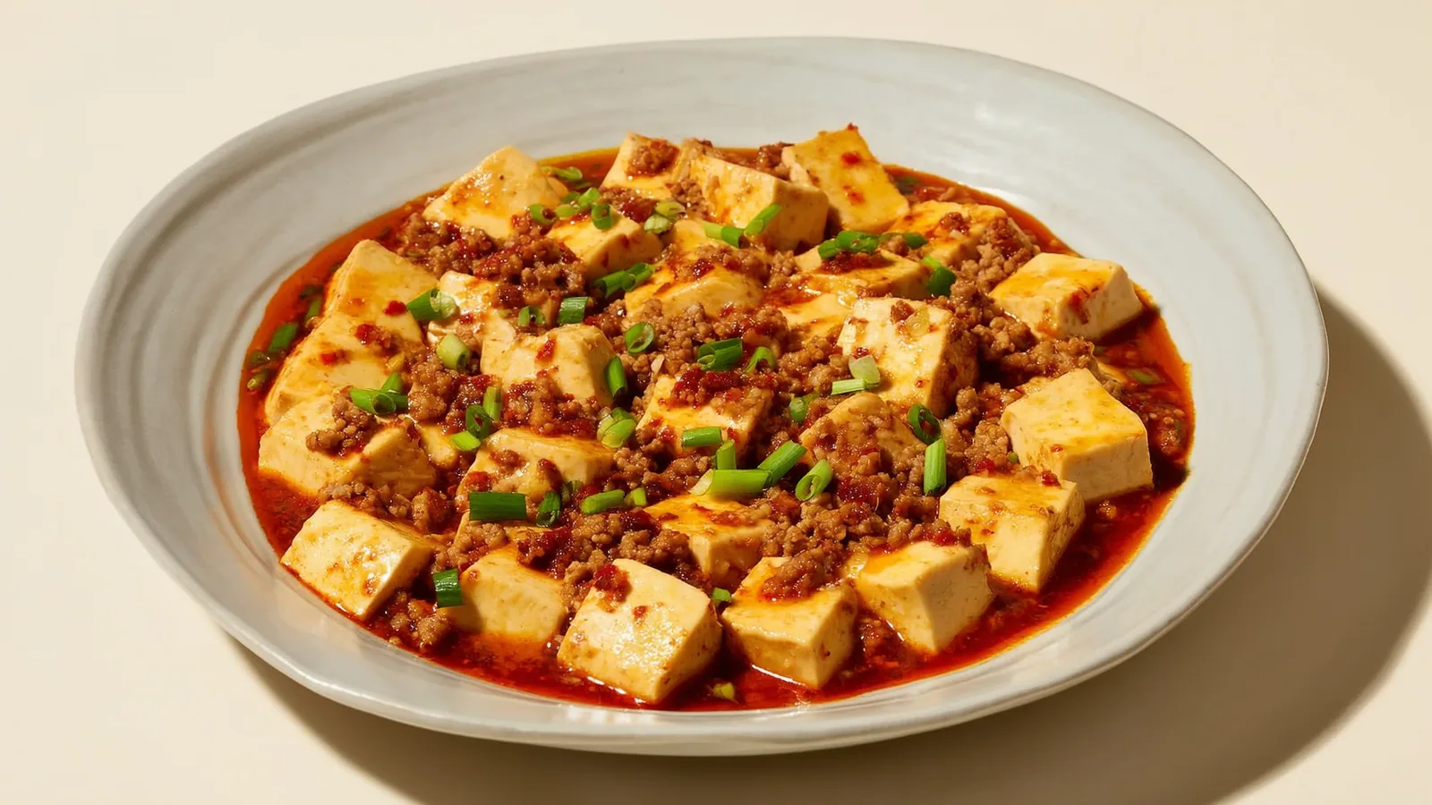 Mapo Tofu mit seidigen Tofuwürfeln, Faschiertem und rotem Chiliöl