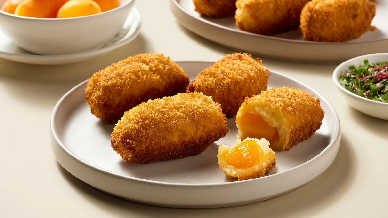 Aufgeschnittener Marillenknödel im goldenen Bröselmantel