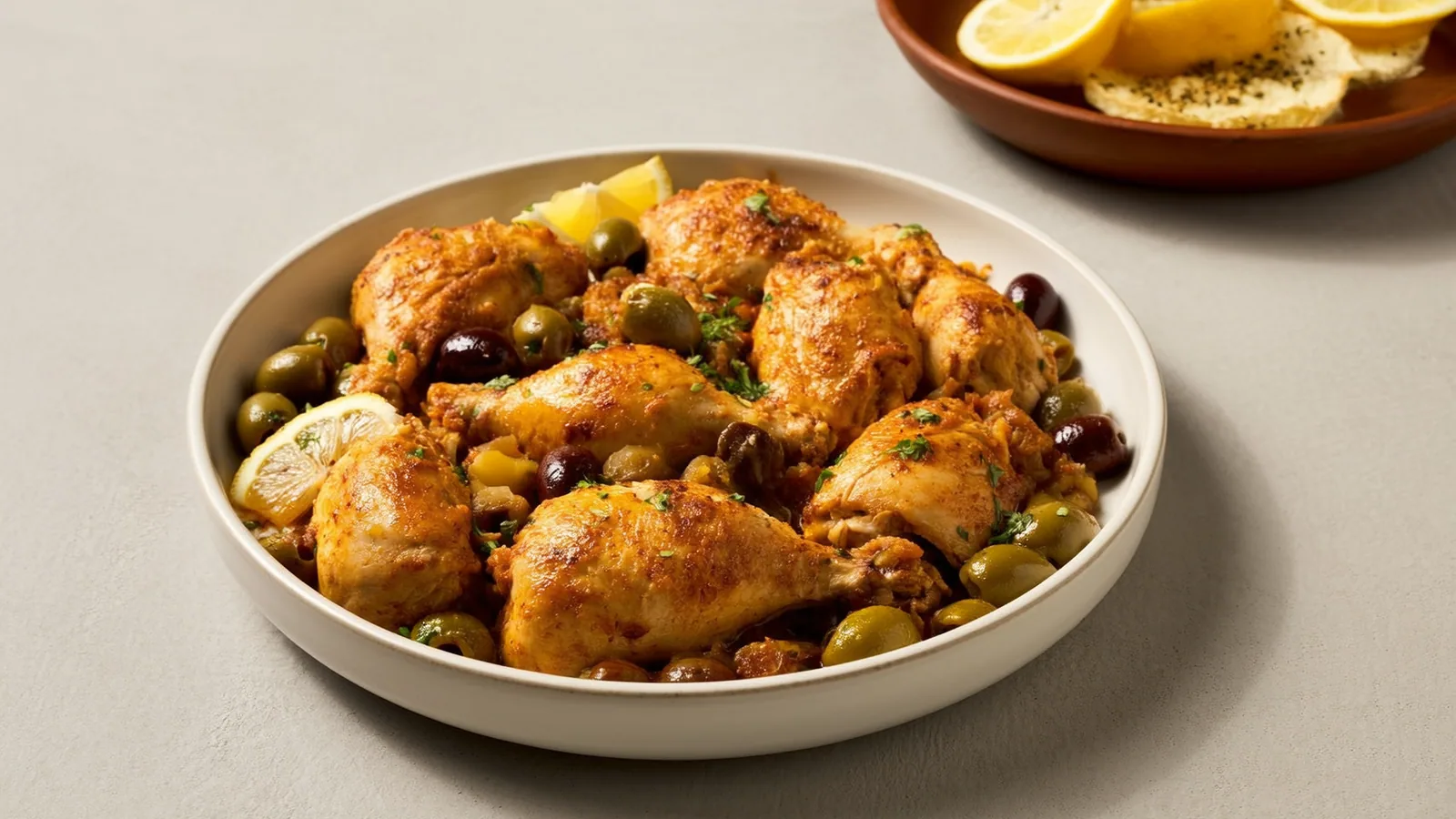 Marokkanische Hühner-Tajine mit grünen Oliven und eingelegter Zitrone