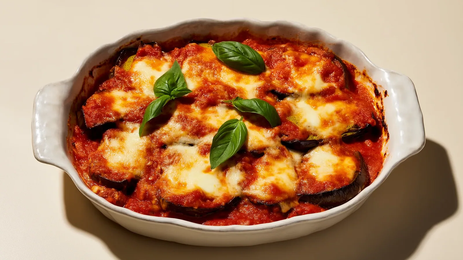 Melanzane alla Parmigiana mit Paradeisersauce, Mozzarella und Basilikum