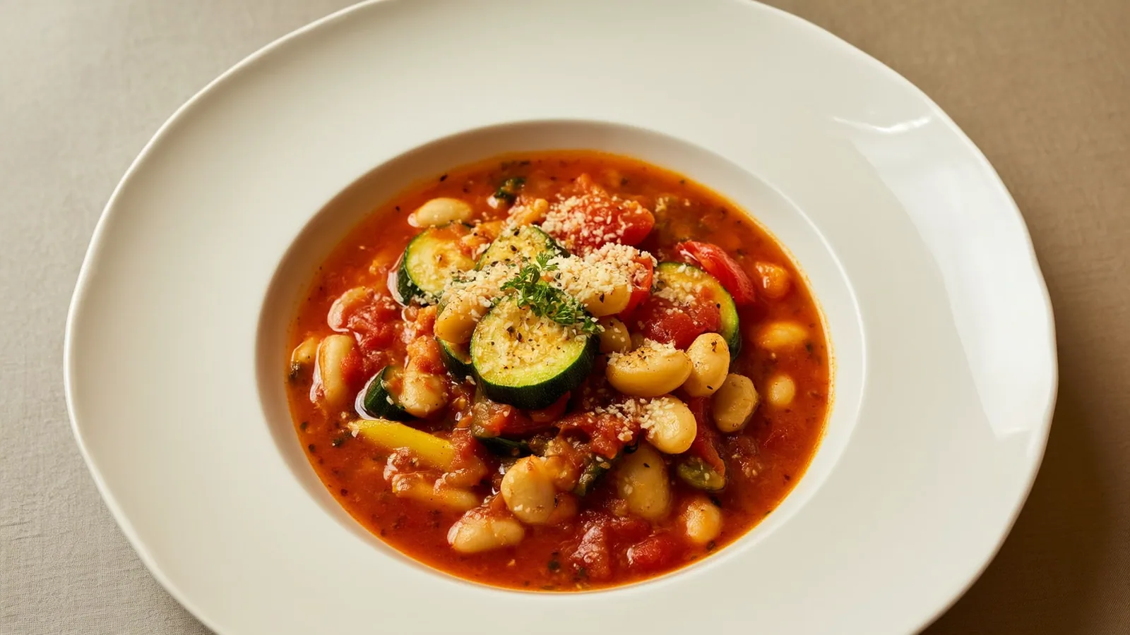 Bunte Minestrone mit Bohnen, Nudeln, Zucchini und Paradeisern