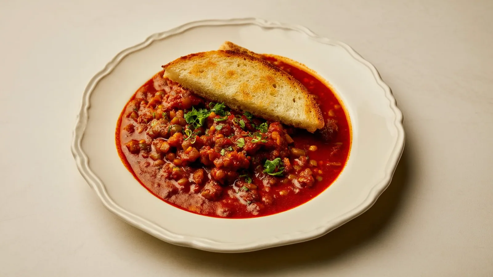 Äthiopisches Misir Wot aus roten Linsen mit dunkler Berbere-Sauce und Fladenbrot