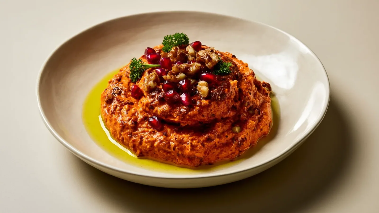 Rote Muhammara mit Walnüssen, Olivenöl und Granatapfelkernen